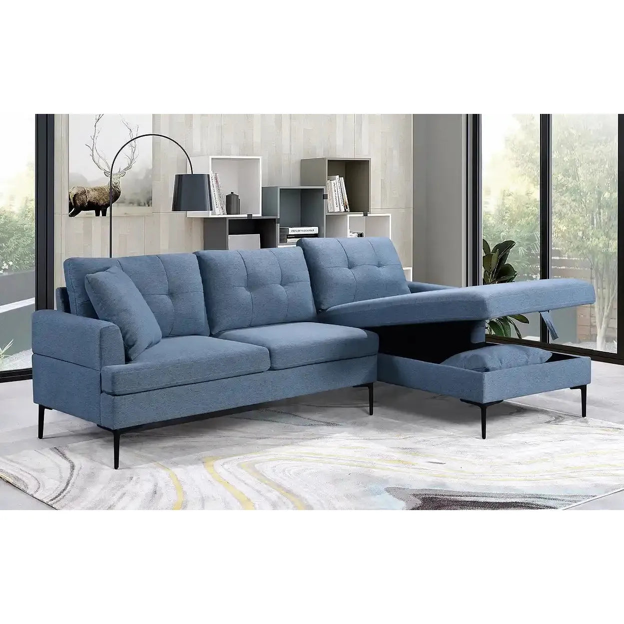 Blue Sectional Sofa with Storage & Chaise