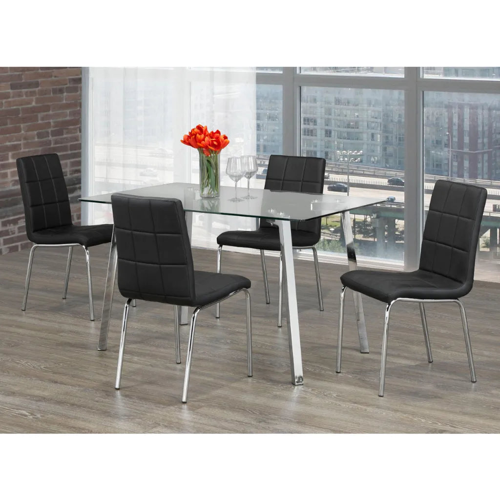 Dining room set with a glass table and black chairs