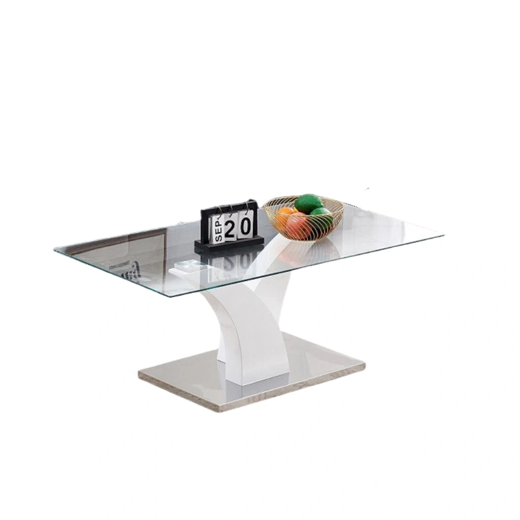 Glass coffee table with a white base 