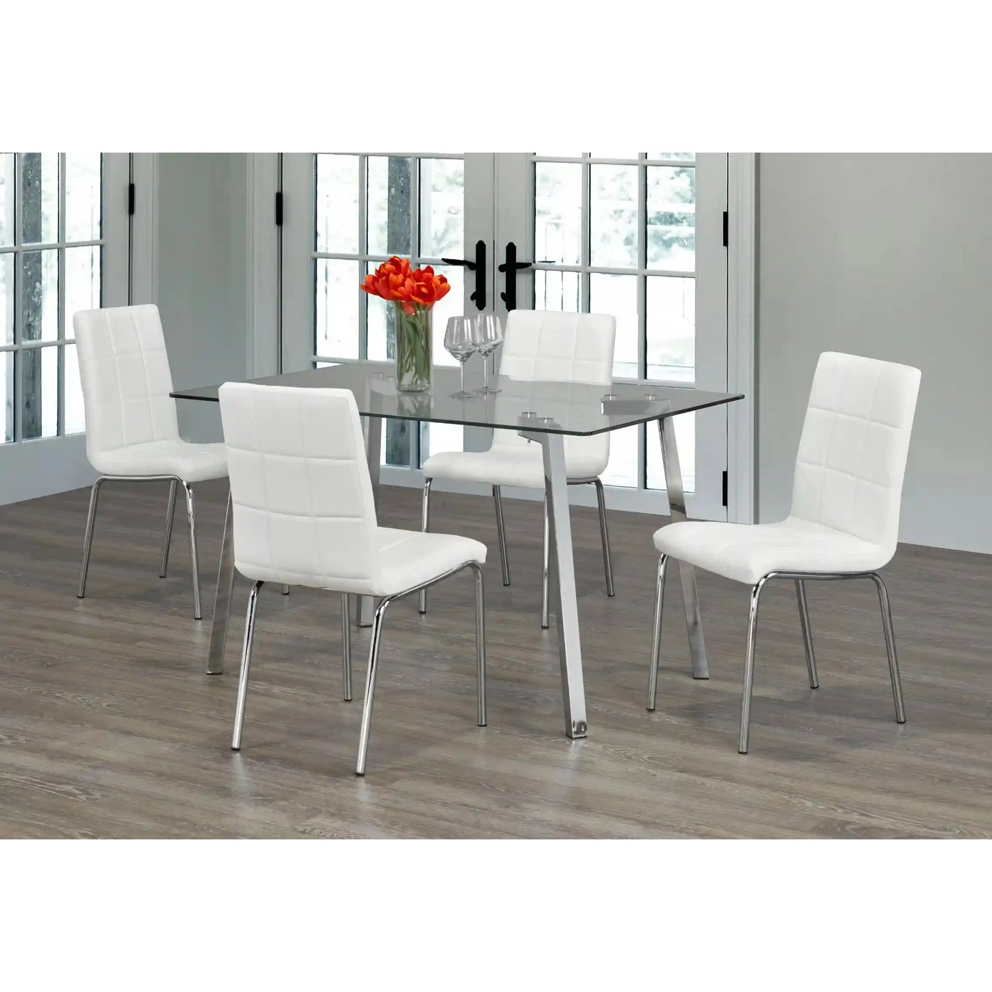 Dining room set with a glass top dining table and white chairs