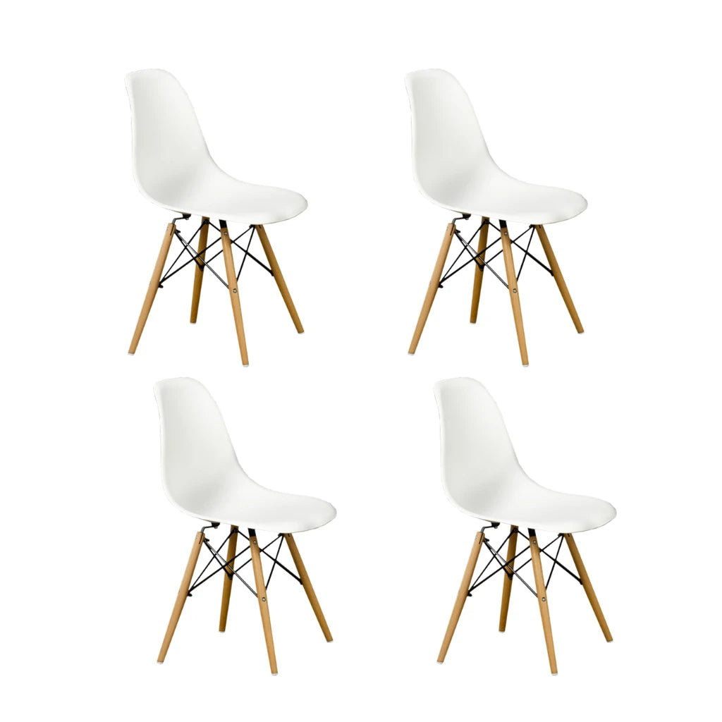 Four white chairs with wooden legs 