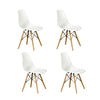 Four white chairs with wooden legs 
