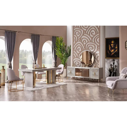 NEHIR 6-Piece Dining Set – Wood Painted Table with Metal Accents