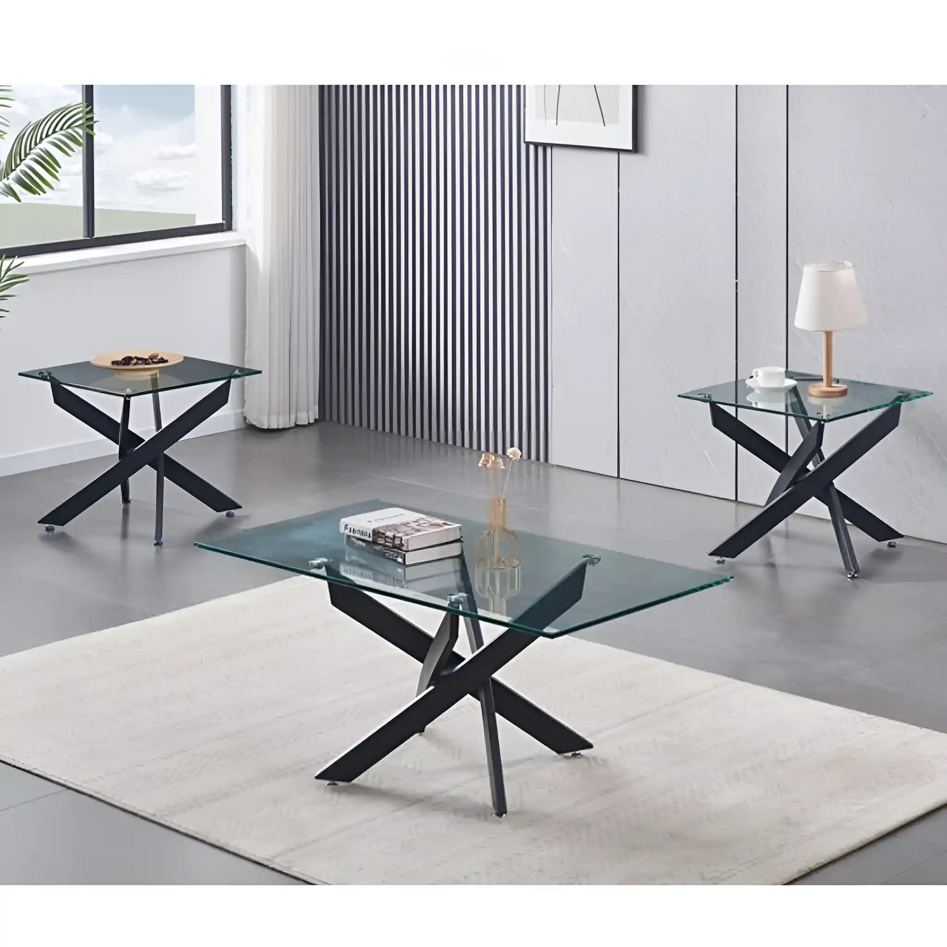 Modern glass coffee table set with black metal legs for living room 