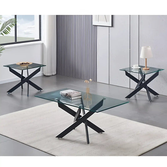 Modern glass coffee table set with black metal legs for living room 