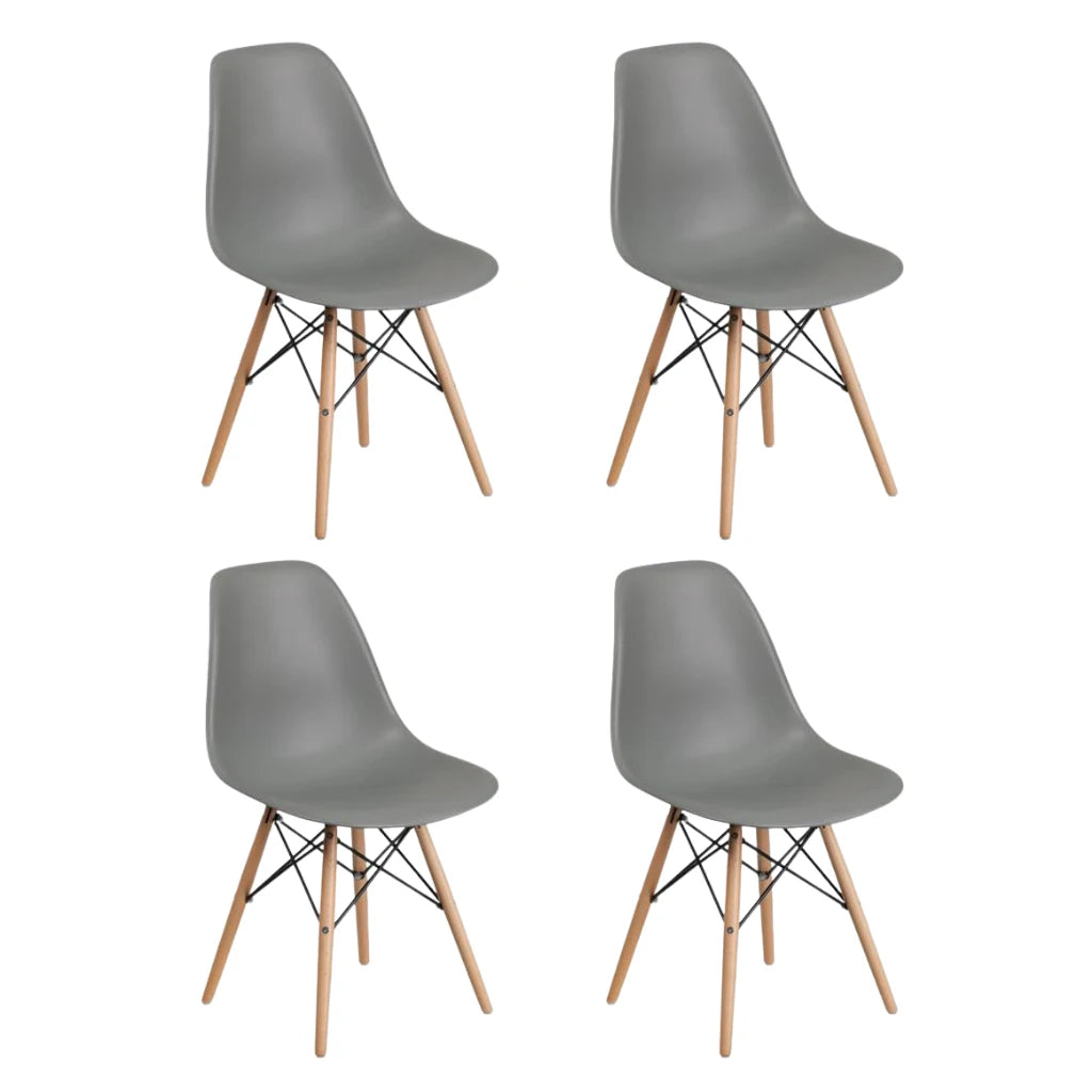 Four grey dining chairs with wooden legs