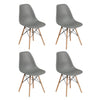 Four grey dining chairs with wooden legs
