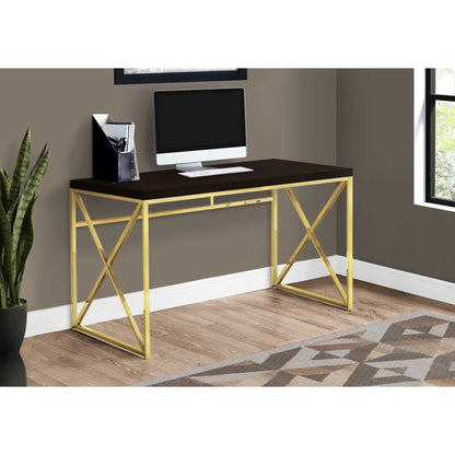 Compact Espresso Computer Desk with Gold X-Frame Base