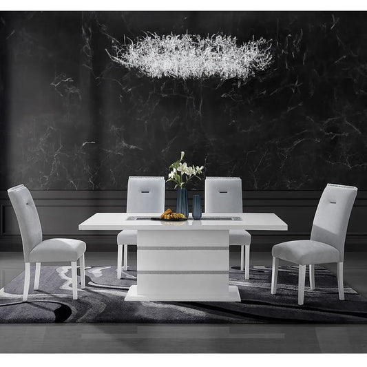 Dining room setup with a white table and chairs 
