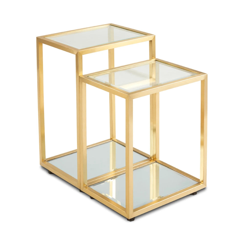 Multi-Level Gold Metal End Table – Tempered Glass Top & Steel Frame