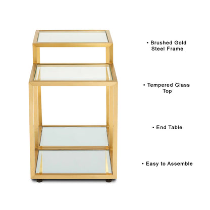 Multi-Level Gold Metal End Table – Tempered Glass Top & Steel Frame