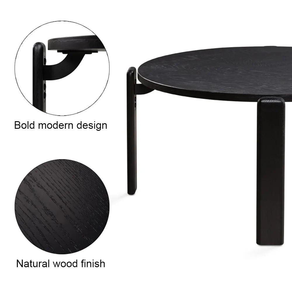 Myrtle Black Round Coffee Table – Oak Veneer Wood Top & Sleek Base