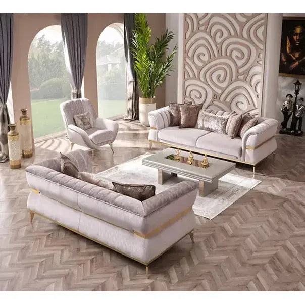 NEHIR Beige & Gold Sofa Set (3+2+1) – textured fabric sofa