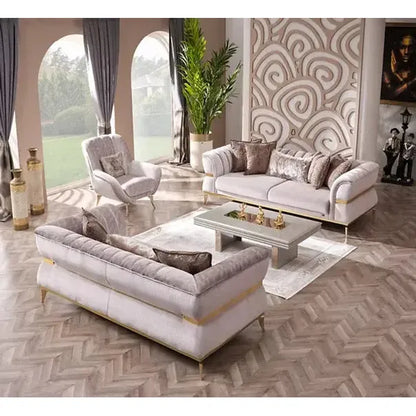 NEHIR Beige & Gold Sofa Set (3+2+1) – textured fabric sofa