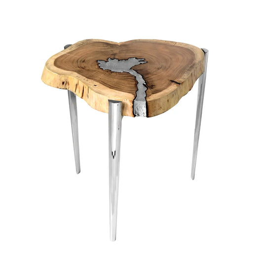 Natural Wood Side Table with Cast Metal – Handmade Acacia Wood