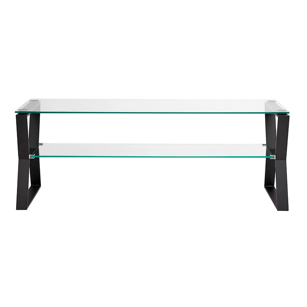 2 Shelves Glass Top TV Stand With Black Metal Frame