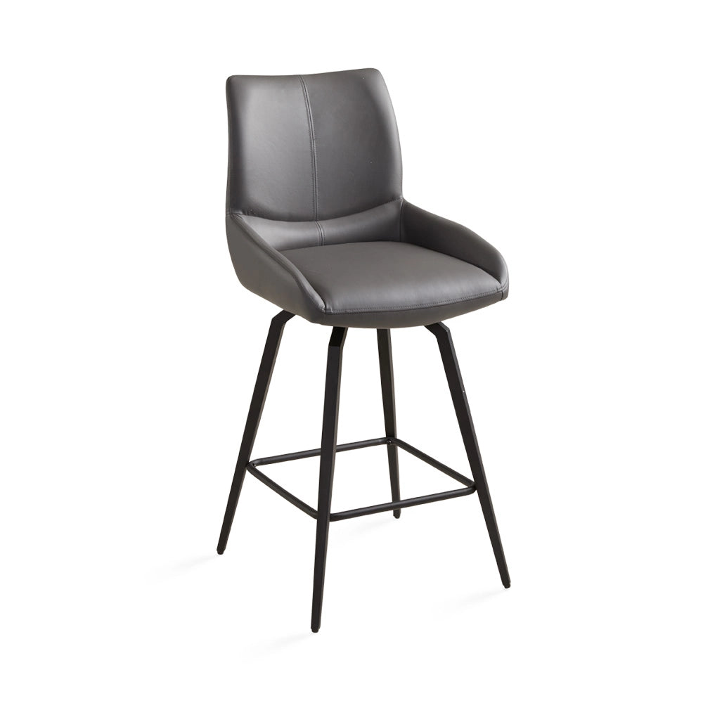 Nona Grey Leather Counter Stool with Sleek Black Metal Legs