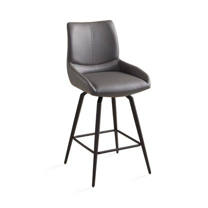 Nona Grey Leather Counter Stool with Sleek Black Metal Legs