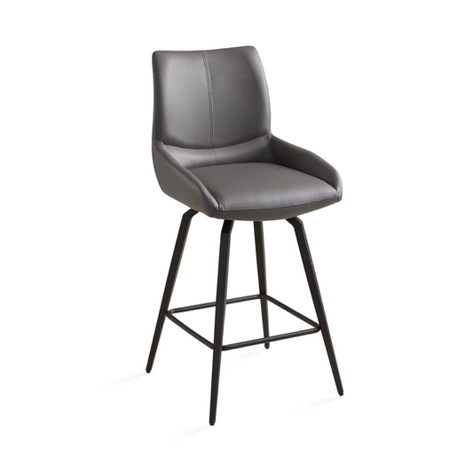 Nona Grey Leather Counter Stool with Sleek Black Metal Legs
