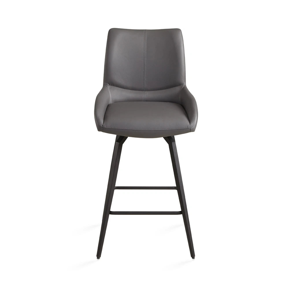 Nona Grey Leather Counter Stool with Sleek Black Metal Legs