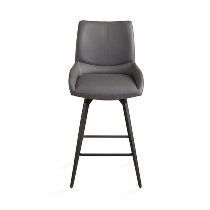 Nona Grey Leather Counter Stool with Sleek Black Metal Legs