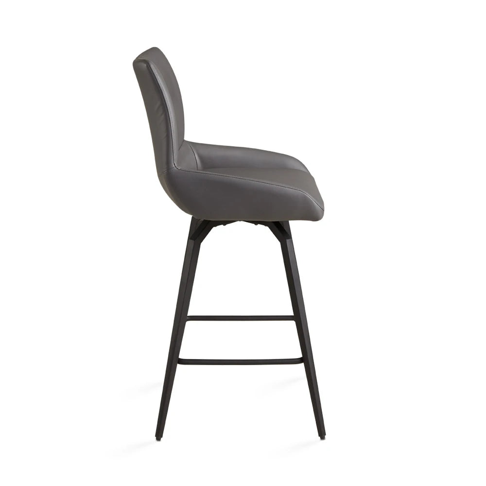 Nona Grey Leather Counter Stool with Sleek Black Metal Legs
