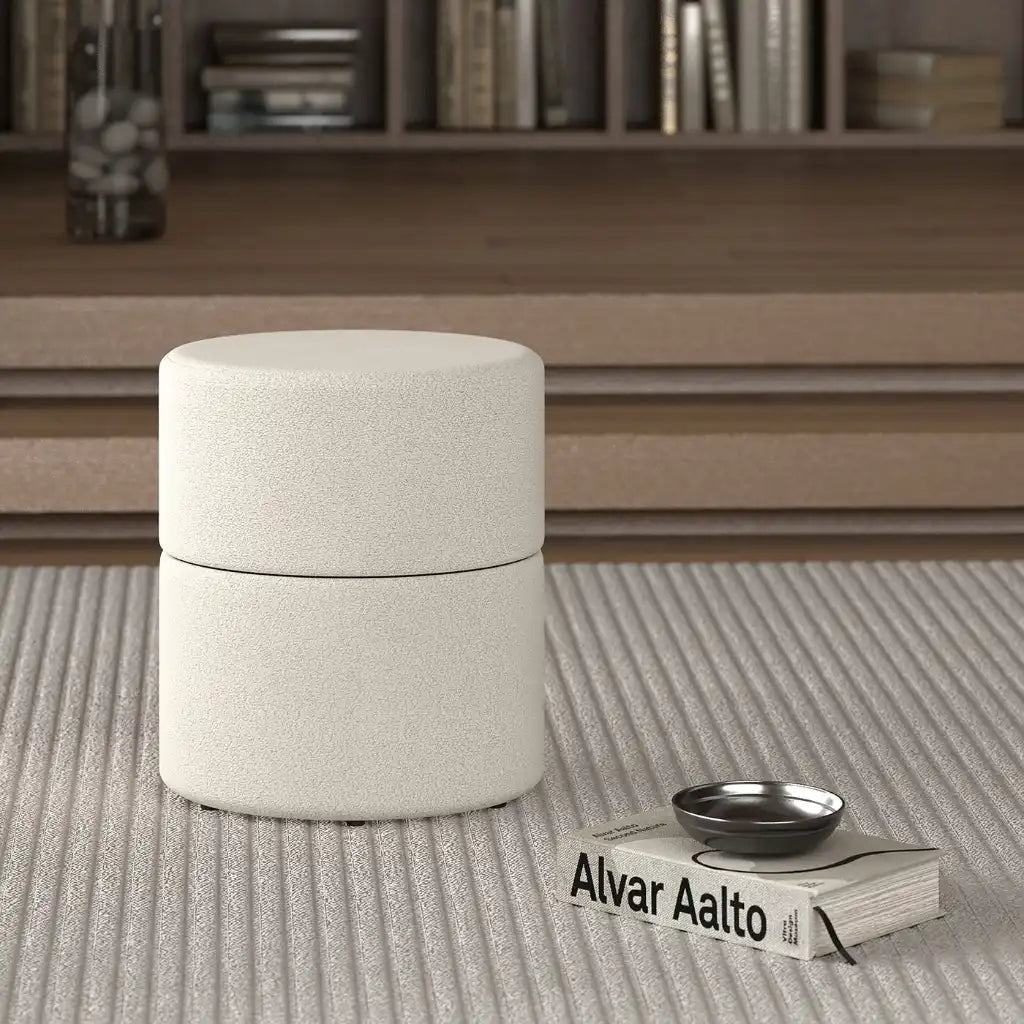 Novar Round Swivel Ottoman in Boucle Fabric – Warm Grey or Cream