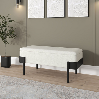 Odell Boucle Storage Bench with Deep Compartment & Black Metal Legs