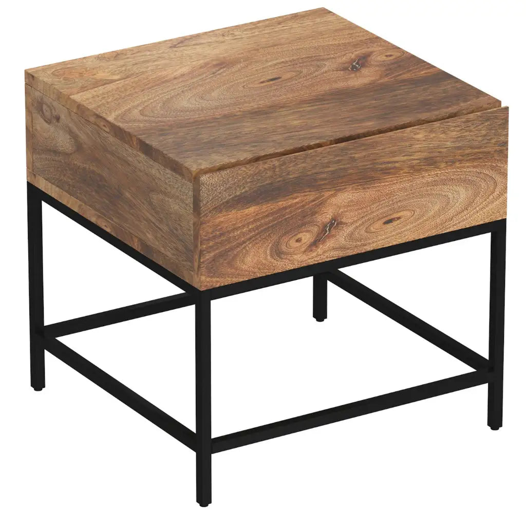 Ojas Mango Wood Side Table in Natural Burnt Finish with Storage Drawer