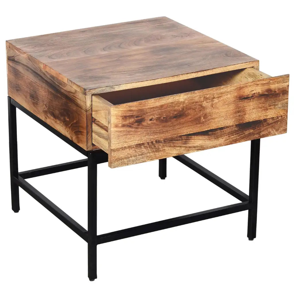 Ojas Mango Wood Side Table in Natural Burnt Finish with Storage Drawer