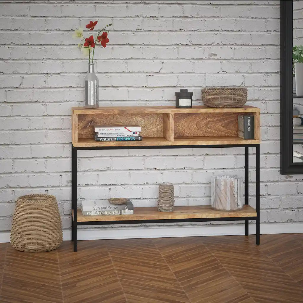 Ojas Narrow Console Table – Rustic Mango Wood & Black Metal Frame