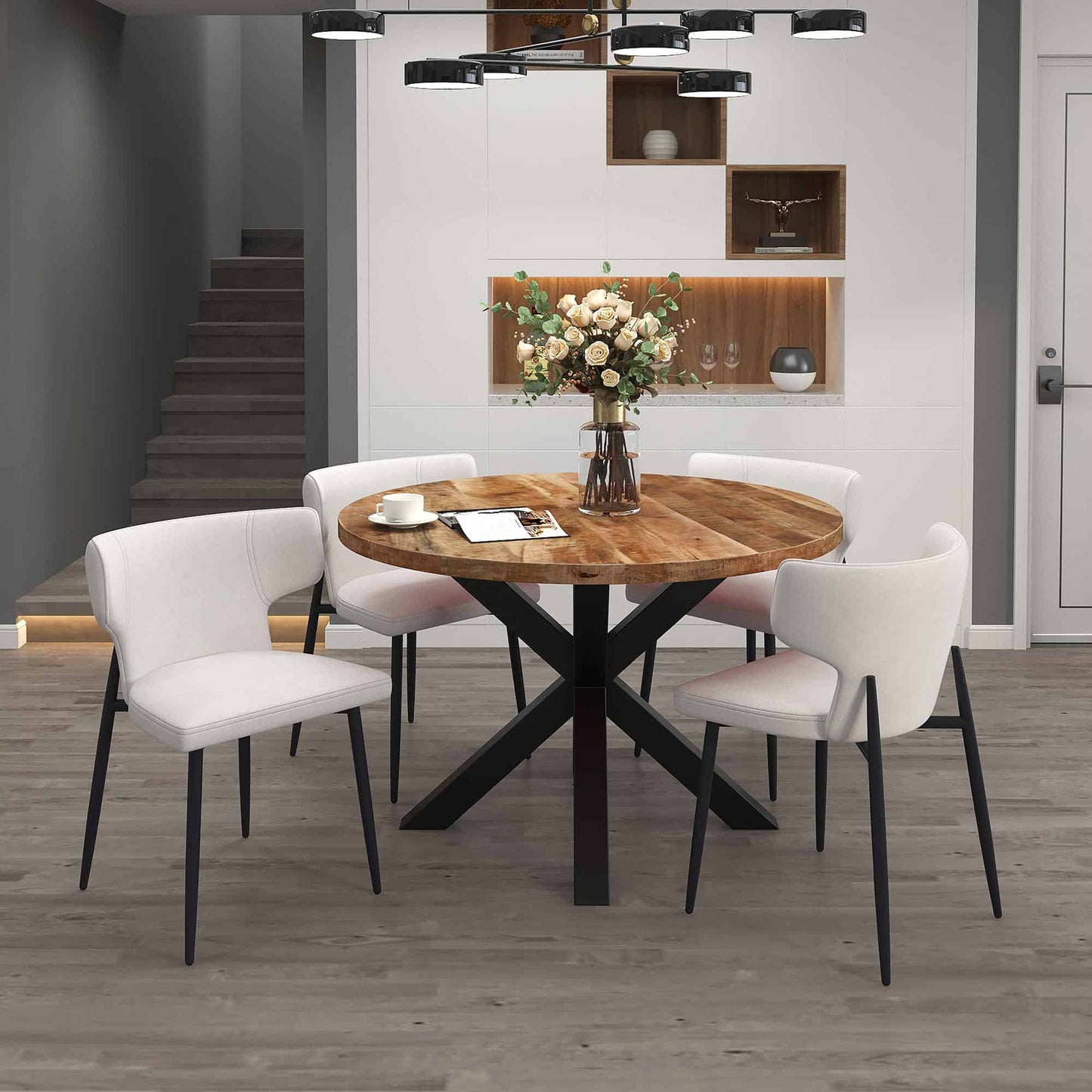 Olis Dining Chairs – Beige Fabric Upholstery with Black Metal Legs - Set of 2