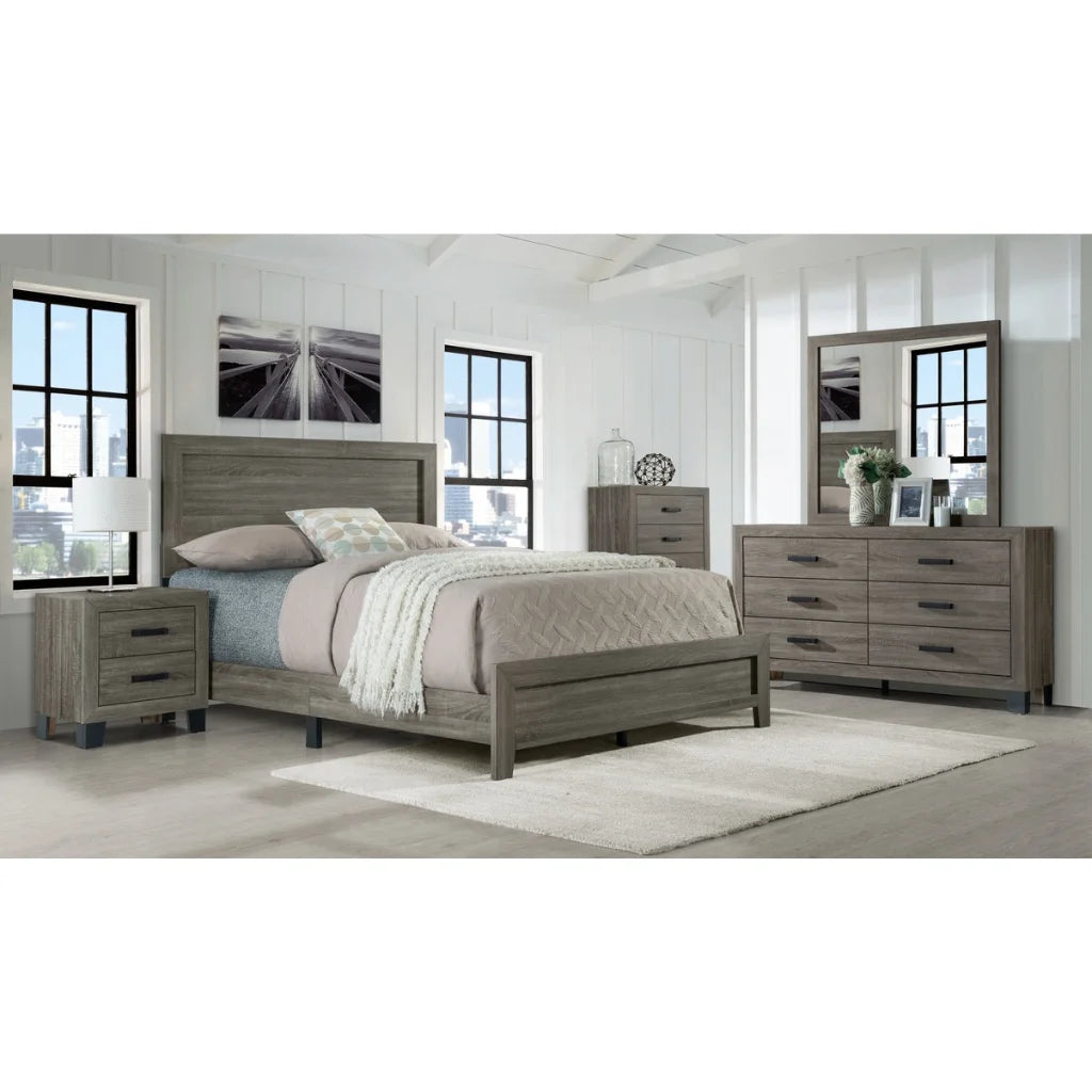 Wooden bedroom furniture set including bed, nightstands, storage chest and dresser mirror