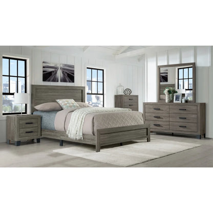 Wooden bedroom furniture set including bed, nightstands, storage chest and dresser mirror