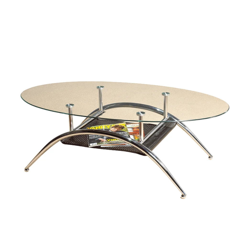 Oval shaped Glass coffee table with metal legs 