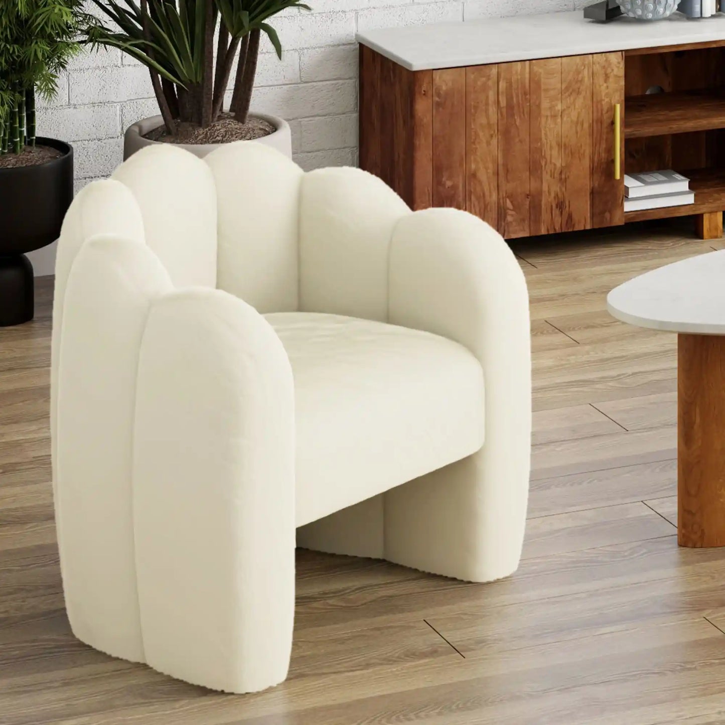 Pandora Faux Fur Accent Chair with Scalloped Back in Ivory