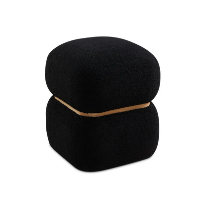 Peter Black Shearling Ottoman with Oak Accent Base. Decorative ottoman for living room