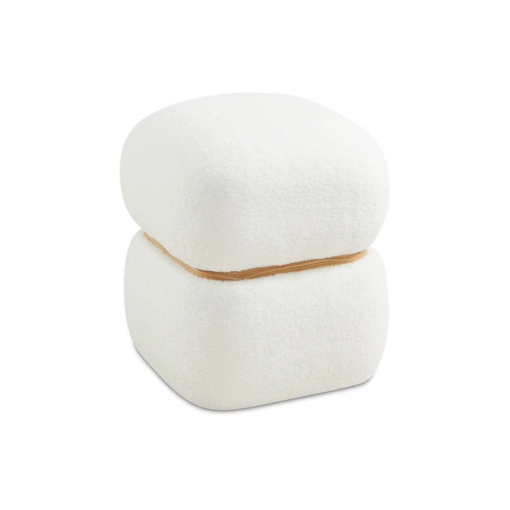 Peter White Shearling Ottoman with Oak Accent Base. Decorative ottoman for living room in Montréal or Québec
