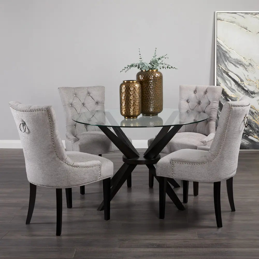 Petra Linen Dining Chair in Platinum – Tufted Back, Nailhead Trim