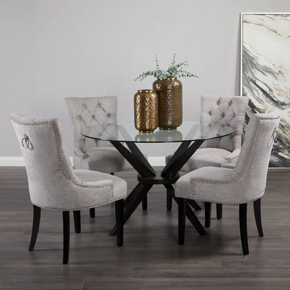 Petra Linen Dining Chair in Platinum – Tufted Back, Nailhead Trim
