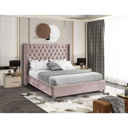 Pink Velvet Double Platform Bed with Tufted Headboard