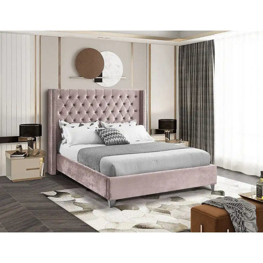 Pink Velvet Double Platform Bed with Tufted Headboard