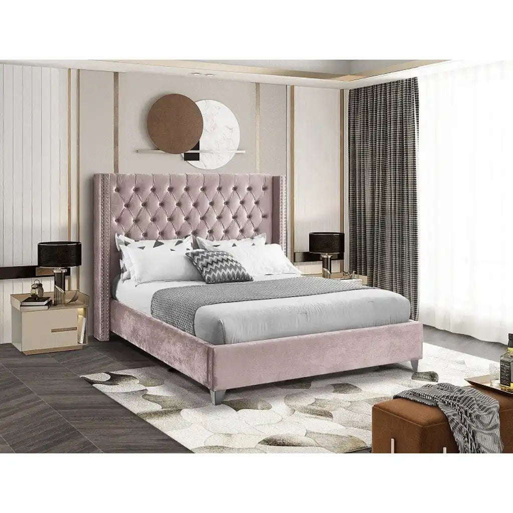 Pink Velvet Platform Bed 