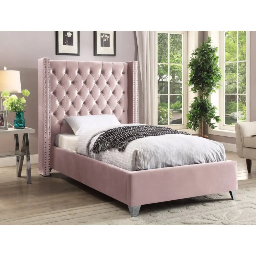 Pink Velvet Platform Bed with Tufted Headboard