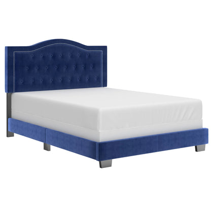 Pixie Blue Velvet Queen Bed with Tufted Crown Headboard
