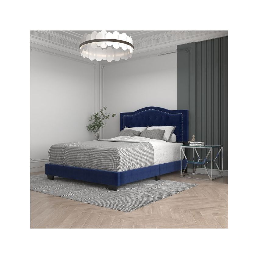 Pixie Blue Velvet Queen Bed with Tufted Crown Headboard