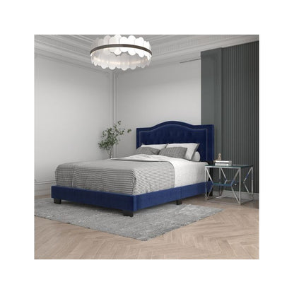 Pixie Blue Velvet Queen Bed with Tufted Crown Headboard