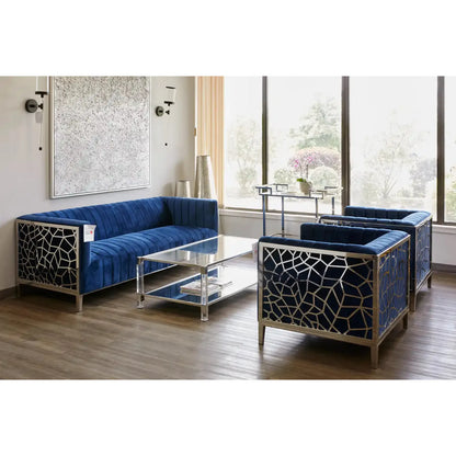 Polished Stainless Steel Coffee Table with Glass Top & Shelf