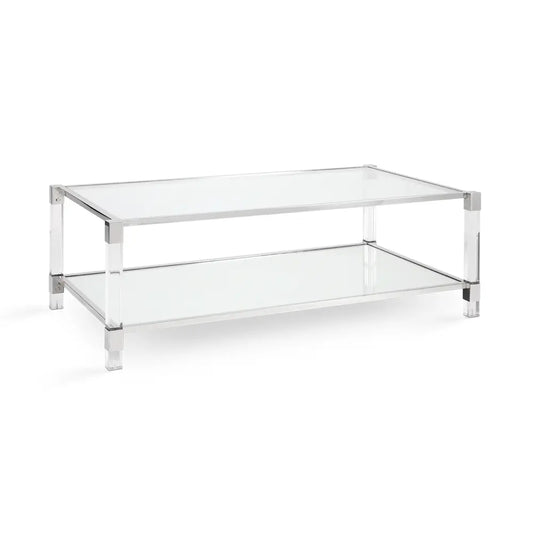Polished Stainless Steel Coffee Table with Glass Top & Shelf