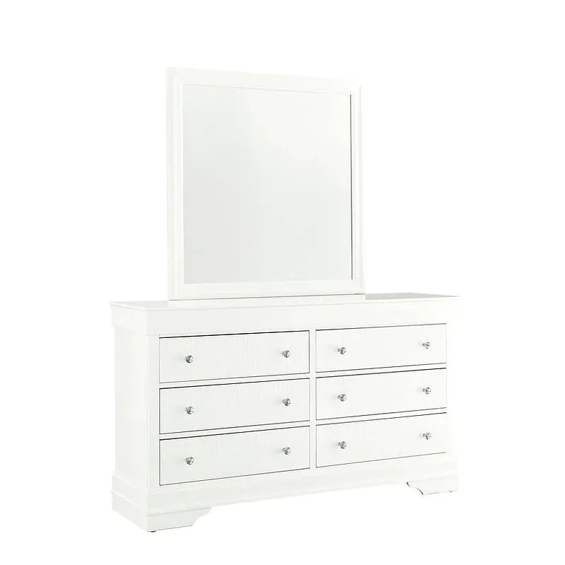 White dresser with six drawers and a matching mirror 